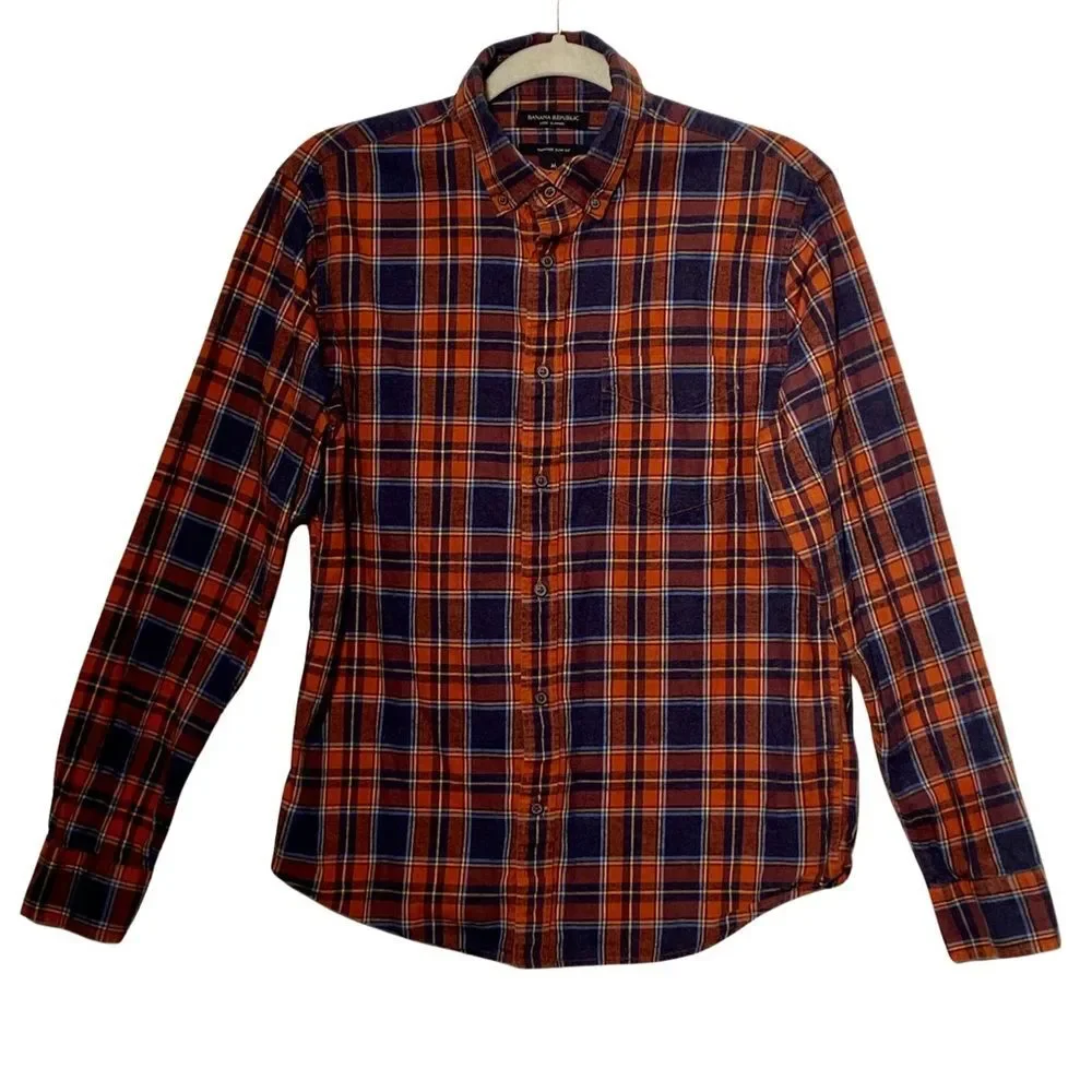 Banana Republic Men's Luxe Flannel Untucked Slim Blue/Orange/Yellow, Size M